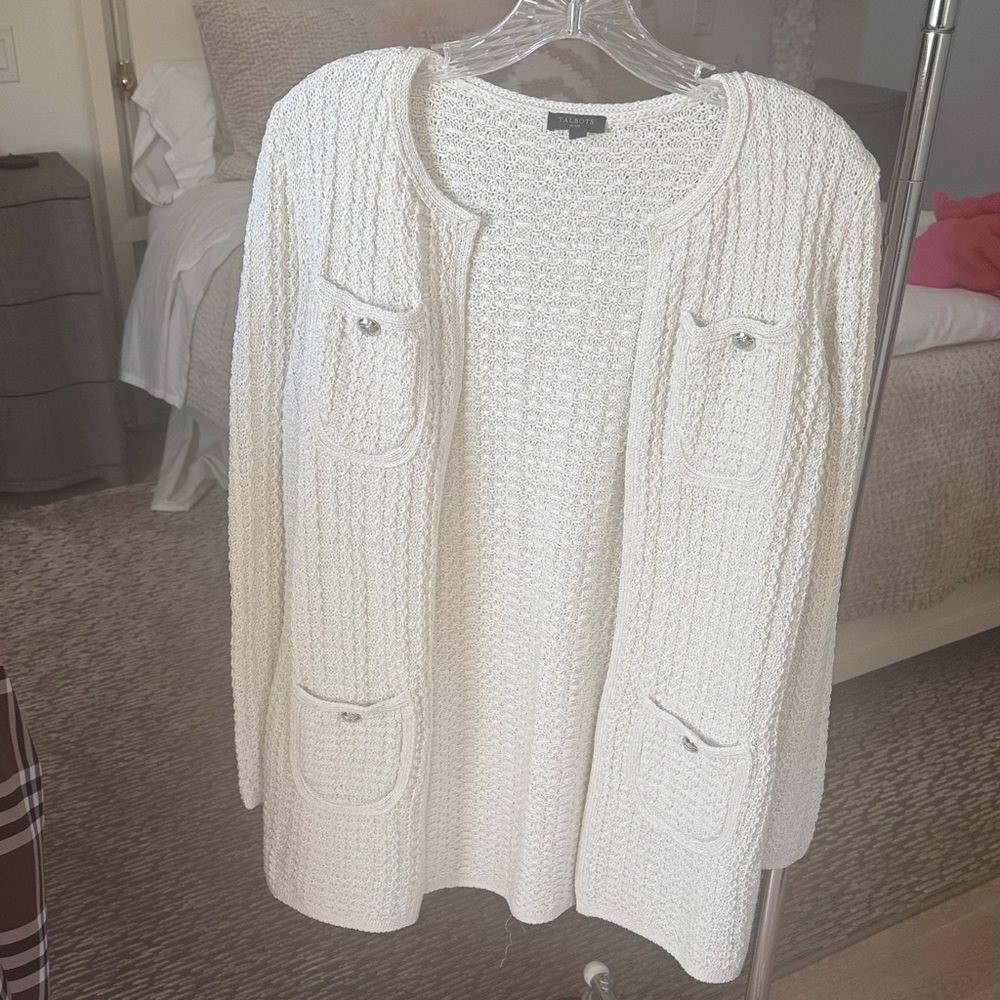 Talbots Textured White Cardigan Sweater size P